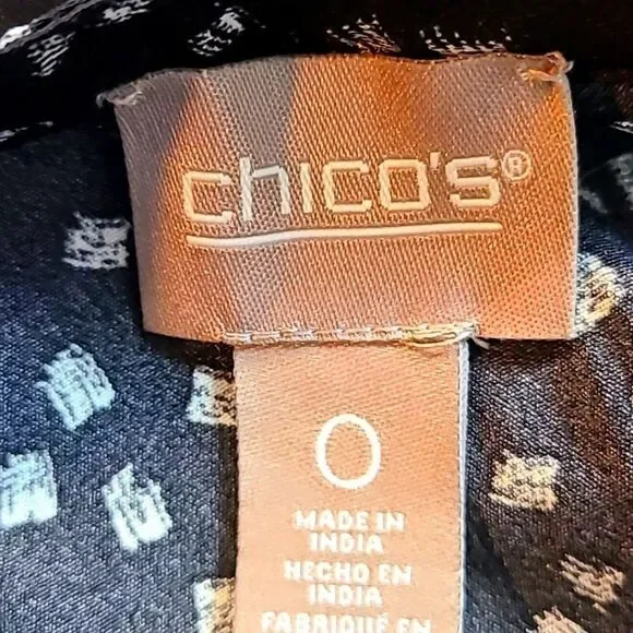 Chico's Black Blouse, White Dots, Gray Embroidered Neckline, Gold Beads,Sz 0,Sml - Picture 12 of 14